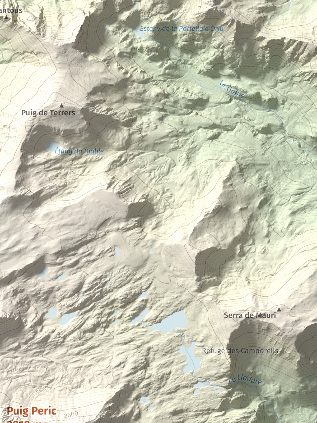 Mapa de relieve de Puig Peric, 2810 m, Capcir · Cerdanya Nord, lámina 100 Cims de Trobart. Detalle de la zona superior derecha. 30 × 40 cm.