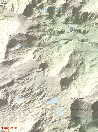 Mapa de relieve de Puig Peric, 2810 m, Capcir · Cerdanya Nord, lámina 100 Cims de Trobart. Detalle de la zona superior derecha. 30 × 40 cm.