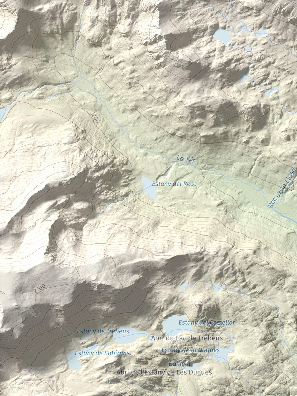 Mapa de relieve de Puig Peric, 2810 m, Capcir · Cerdanya Nord, lámina 100 Cims de Trobart. Detalle de la zona inferior izquierda. 30 × 40 cm.