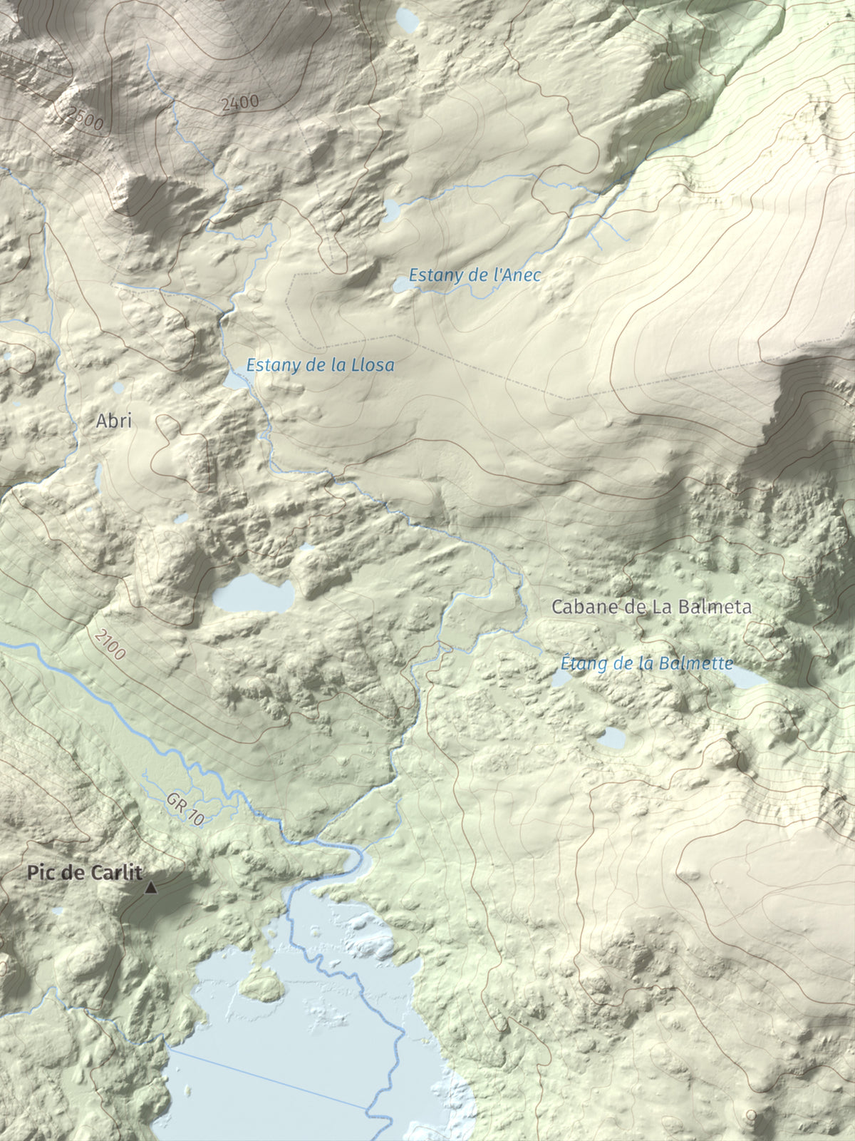 Mapa de relieve de Puig Peric, 2810 m, Capcir · Cerdanya Nord, lámina 100 Cims de Trobart. Detalle de la zona inferior derecha. 30 × 40 cm.