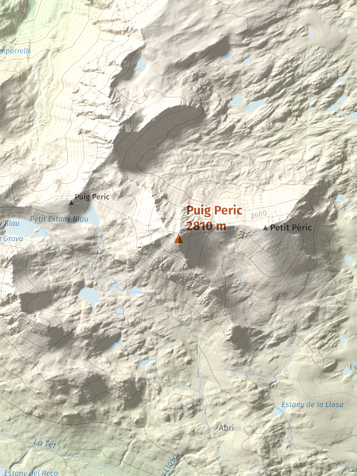 Mapa de relieve de Puig Peric, 2810 m, Capcir · Cerdanya Nord, lámina 100 Cims de Trobart. Detalle de la zona central. 30 × 40 cm.