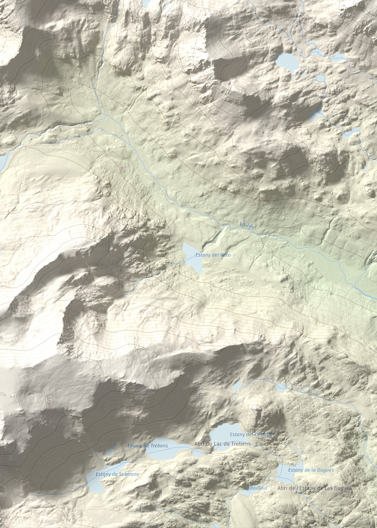 Mapa de relieve de Puig Peric, 2810 m, Capcir · Cerdanya Nord, lámina 100 Cims de Trobart. Detalle de la zona inferior izquierda. 50 × 70 cm.
