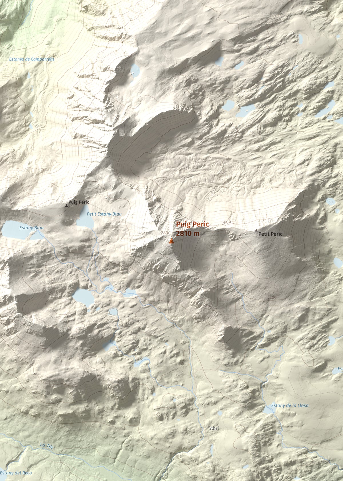 Mapa de relieve de Puig Peric, 2810 m, Capcir · Cerdanya Nord, lámina 100 Cims de Trobart. Detalle de la zona central. 50 × 70 cm.