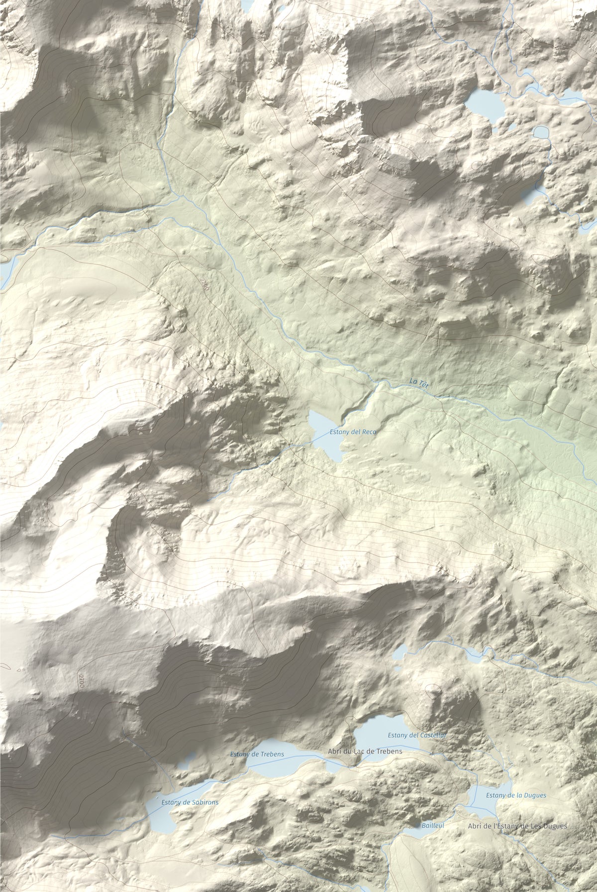 Mapa de relieve de Puig Peric, 2810 m, Capcir · Cerdanya Nord, lámina 100 Cims de Trobart. Detalle de la zona inferior izquierda. 61 × 91 cm.