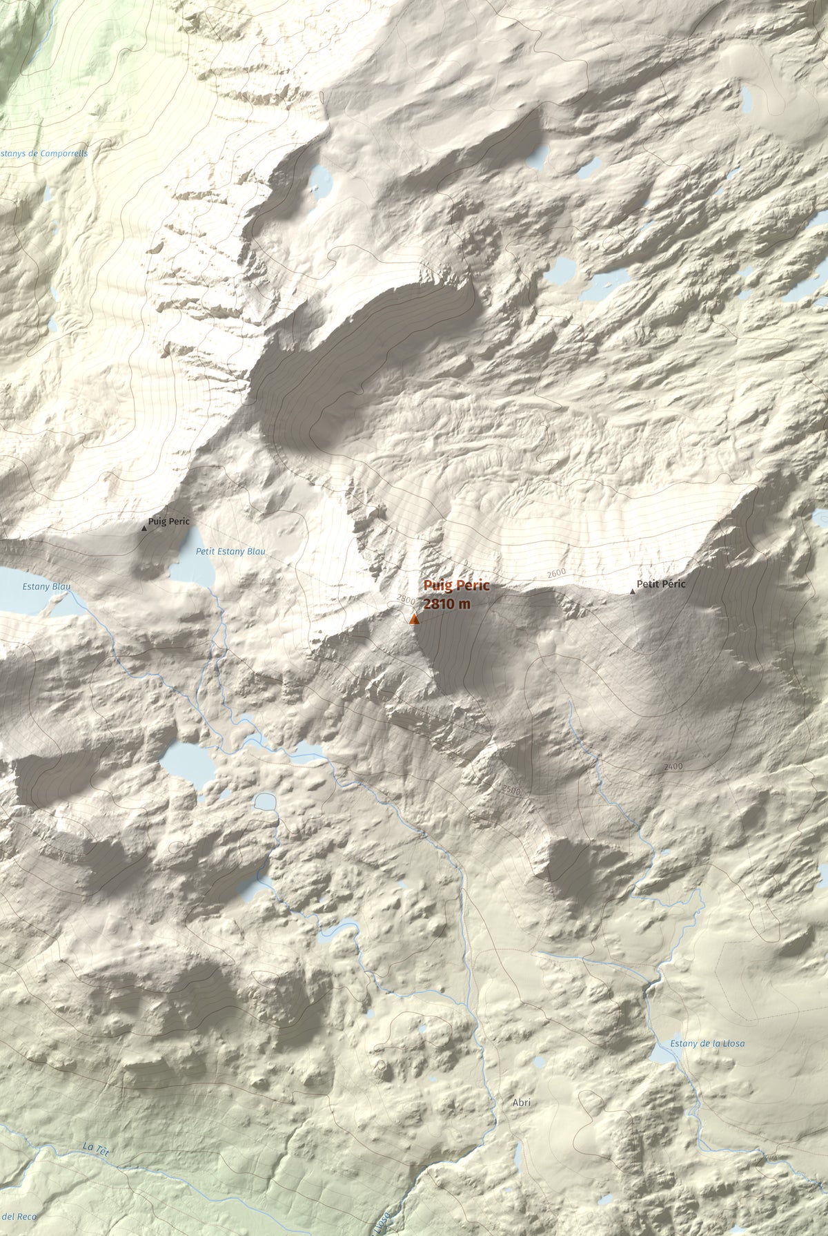 Mapa de relieve de Puig Peric, 2810 m, Capcir · Cerdanya Nord, lámina 100 Cims de Trobart. Detalle de la zona central. 61 × 91 cm.