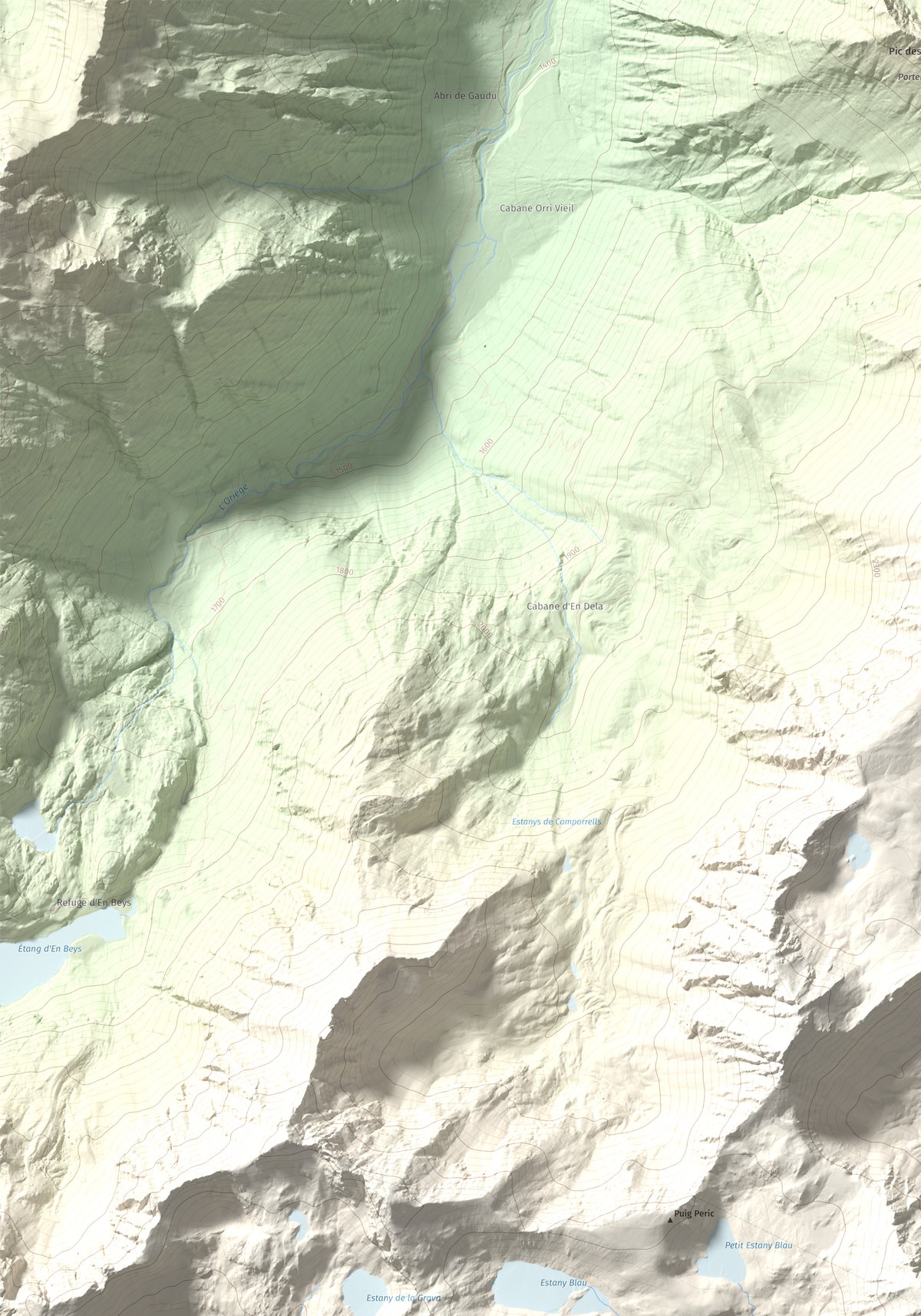 Mapa de relieve de Puig Peric, 2810 m, Capcir · Cerdanya Nord, lámina 100 Cims de Trobart. Detalle de la zona superior izquierda. 70 × 100 cm.