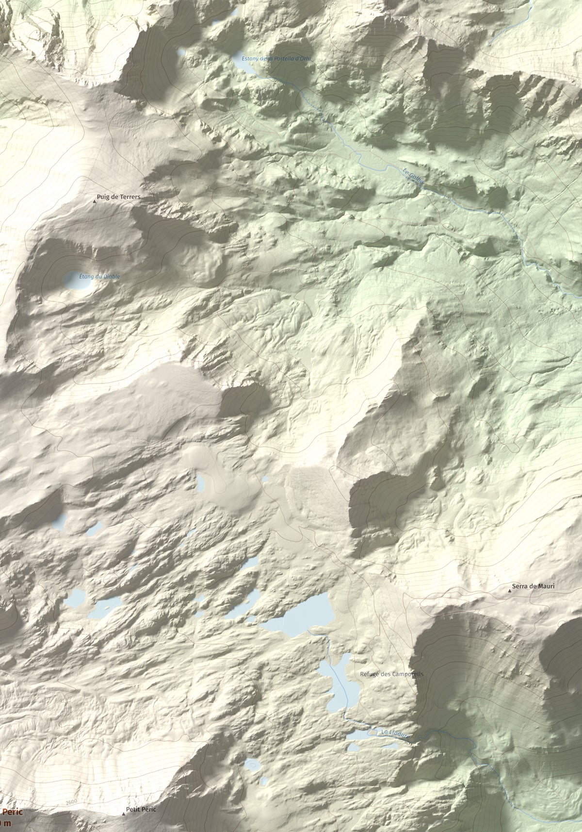 Mapa de relieve de Puig Peric, 2810 m, Capcir · Cerdanya Nord, lámina 100 Cims de Trobart. Detalle de la zona superior derecha. 70 × 100 cm.