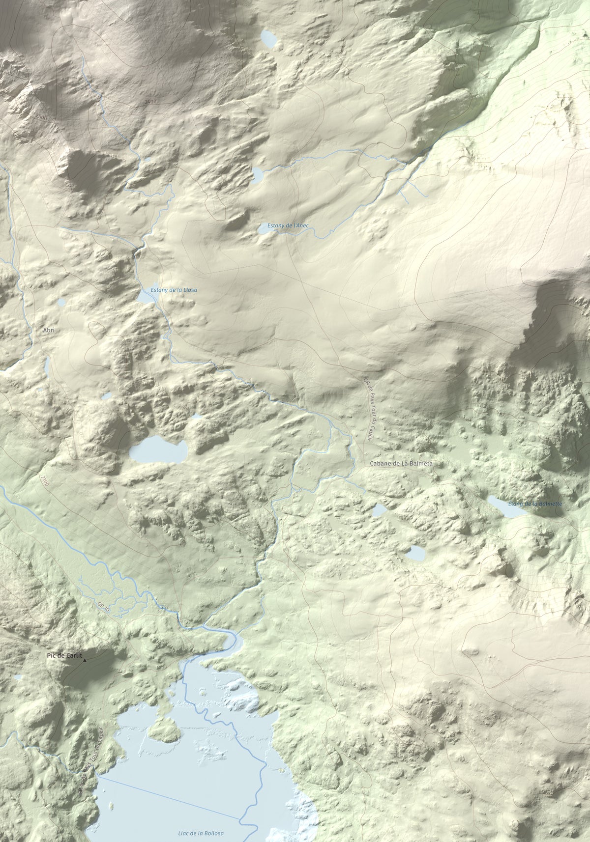 Mapa de relieve de Puig Peric, 2810 m, Capcir · Cerdanya Nord, lámina 100 Cims de Trobart. Detalle de la zona inferior derecha. 70 × 100 cm.