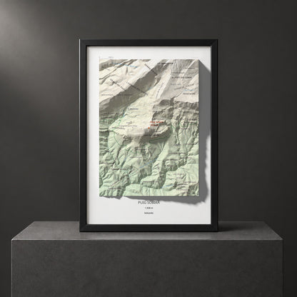 Mapa de relieve de Puig Sobirà, 1938 m, Solsonès, lámina 100 Cims de Trobart. Presentación enmarcada. 21 × 30 cm.