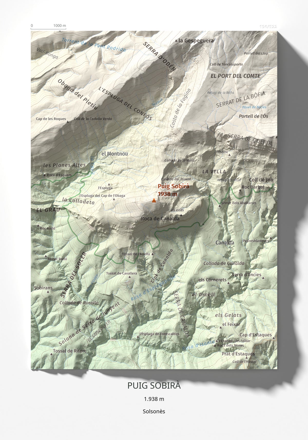 Mapa de relieve de Puig Sobirà, 1938 m, Solsonès, lámina 100 Cims de Trobart 21 × 30 cm.