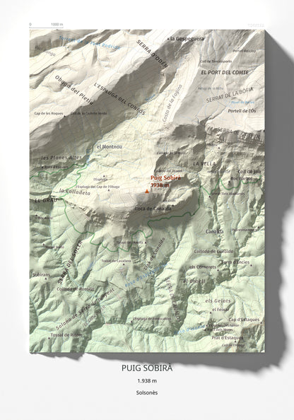 Mapa de relieve de Puig Sobirà, 1938 m, Solsonès, lámina 100 Cims de Trobart 21 × 30 cm.