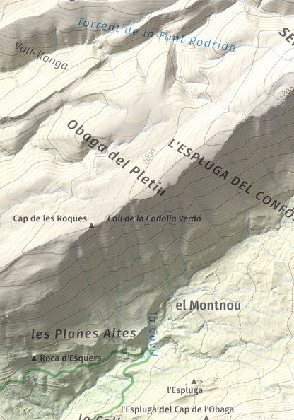 Mapa de relieve de Puig Sobirà, 1938 m, Solsonès, lámina 100 Cims de Trobart. Detalle de la zona superior izquierda. 21 × 30 cm.