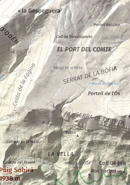 Mapa de relieve de Puig Sobirà, 1938 m, Solsonès, lámina 100 Cims de Trobart. Detalle de la zona superior derecha. 21 × 30 cm.