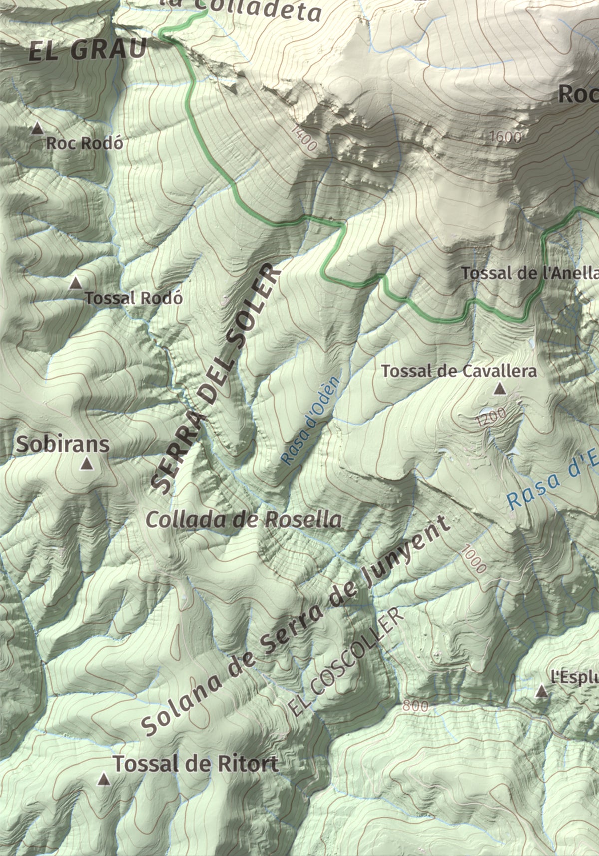 Mapa de relieve de Puig Sobirà, 1938 m, Solsonès, lámina 100 Cims de Trobart. Detalle de la zona inferior izquierda. 21 × 30 cm.