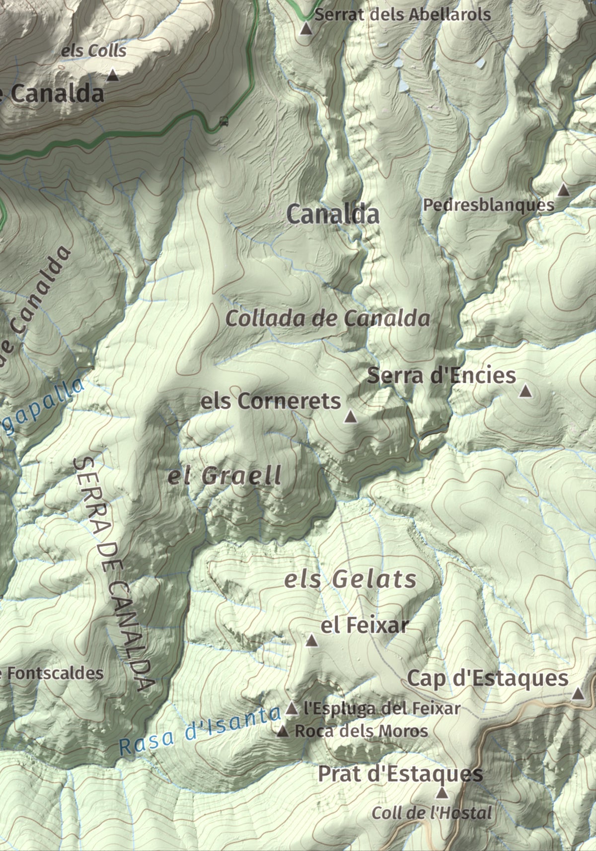 Mapa de relieve de Puig Sobirà, 1938 m, Solsonès, lámina 100 Cims de Trobart. Detalle de la zona inferior derecha. 21 × 30 cm.