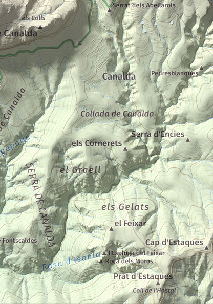 Mapa de relieve de Puig Sobirà, 1938 m, Solsonès, lámina 100 Cims de Trobart. Detalle de la zona inferior derecha. 21 × 30 cm.