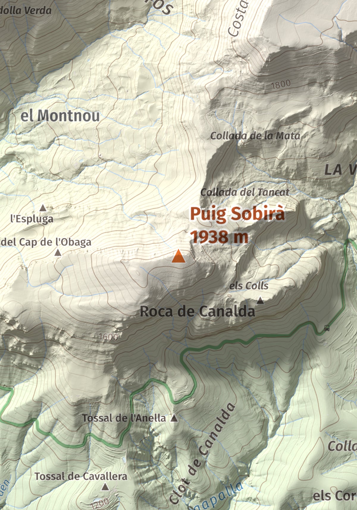 Mapa de relieve de Puig Sobirà, 1938 m, Solsonès, lámina 100 Cims de Trobart. Detalle de la zona central. 21 × 30 cm.