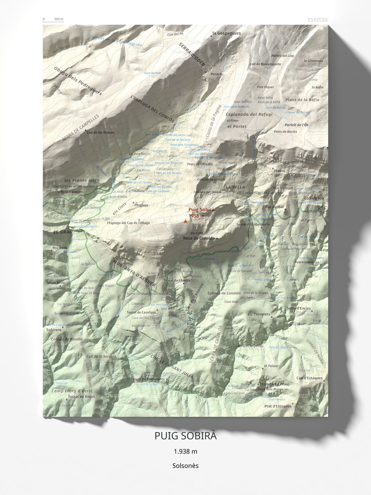 Mapa de relieve de Puig Sobirà, 1938 m, Solsonès, lámina 100 Cims de Trobart 30 × 40 cm.