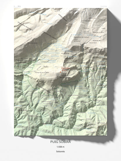 Mapa de relieve de Puig Sobirà, 1938 m, Solsonès, lámina 100 Cims de Trobart 30 × 40 cm.