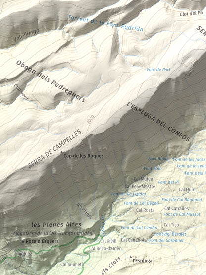Mapa de relieve de Puig Sobirà, 1938 m, Solsonès, lámina 100 Cims de Trobart. Detalle de la zona superior izquierda. 30 × 40 cm.