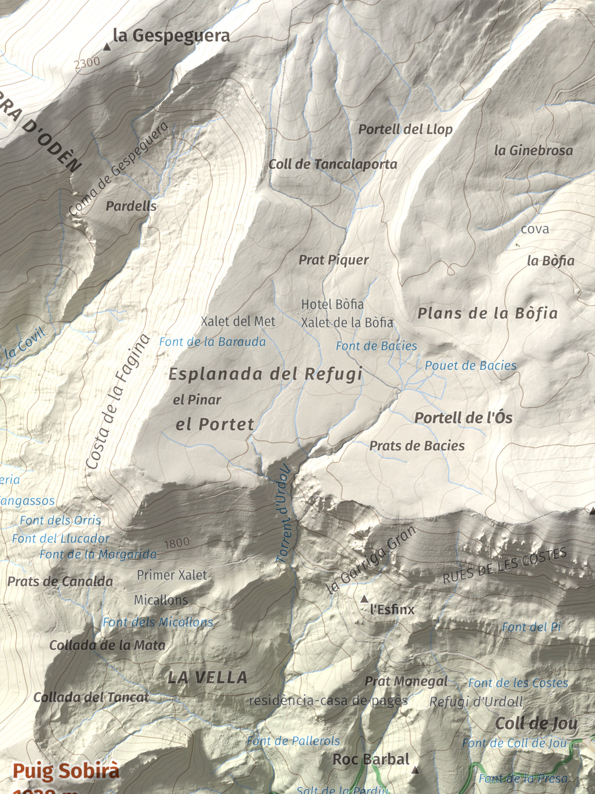 Mapa de relieve de Puig Sobirà, 1938 m, Solsonès, lámina 100 Cims de Trobart. Detalle de la zona superior derecha. 30 × 40 cm.