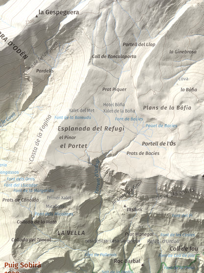 Mapa de relieve de Puig Sobirà, 1938 m, Solsonès, lámina 100 Cims de Trobart. Detalle de la zona superior derecha. 30 × 40 cm.