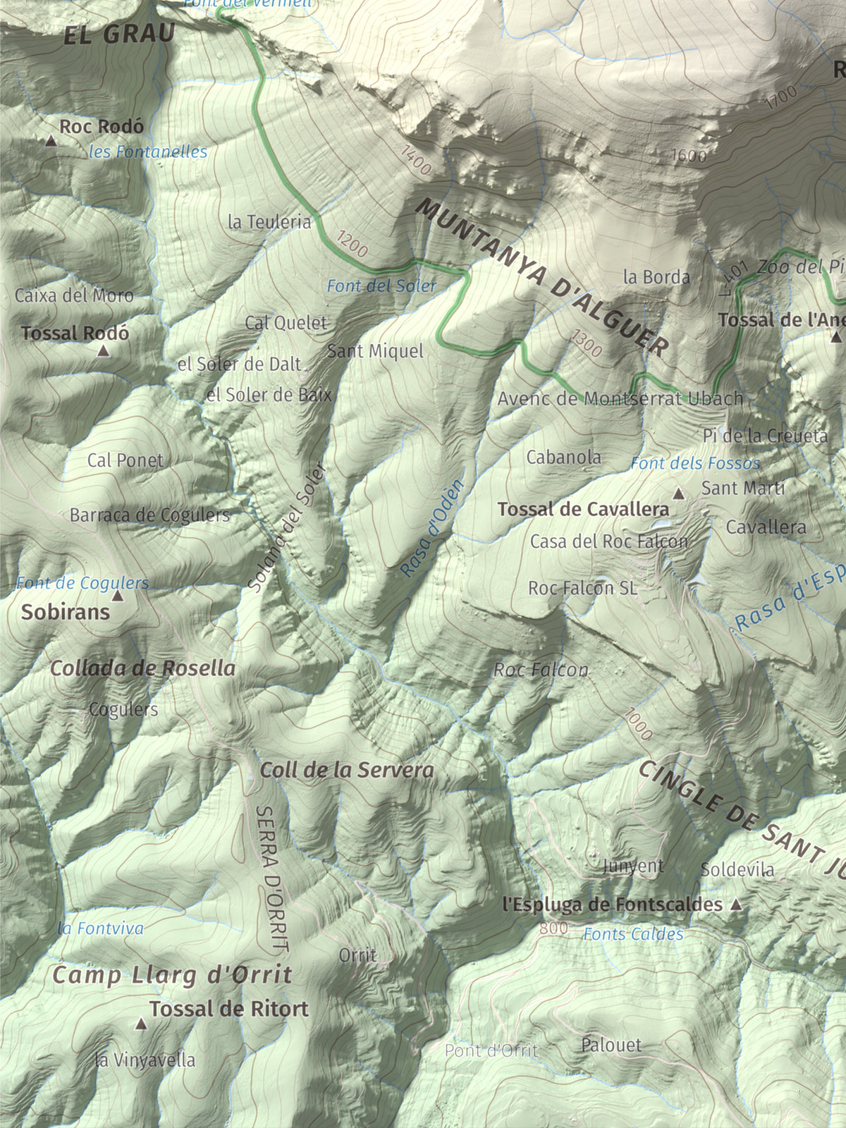 Mapa de relieve de Puig Sobirà, 1938 m, Solsonès, lámina 100 Cims de Trobart. Detalle de la zona inferior izquierda. 30 × 40 cm.