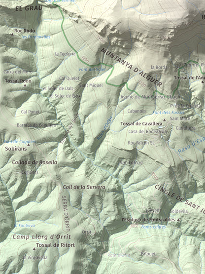 Mapa de relieve de Puig Sobirà, 1938 m, Solsonès, lámina 100 Cims de Trobart. Detalle de la zona inferior izquierda. 30 × 40 cm.