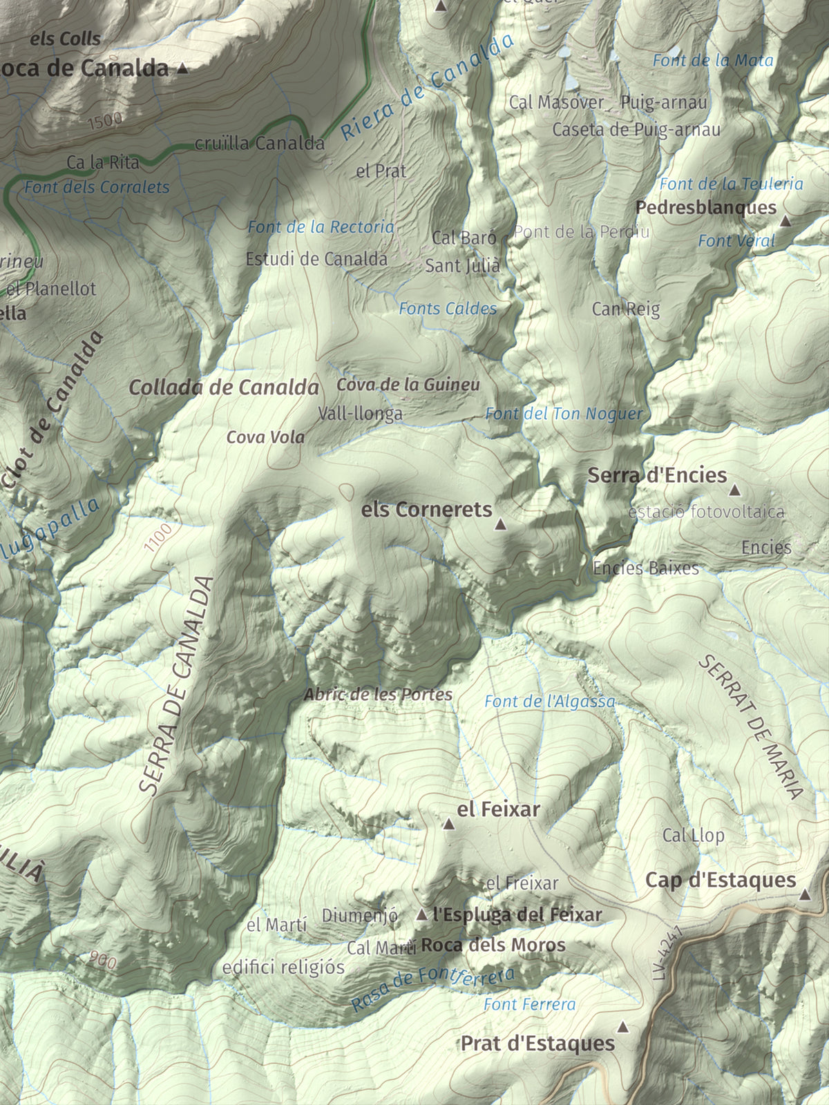 Mapa de relieve de Puig Sobirà, 1938 m, Solsonès, lámina 100 Cims de Trobart. Detalle de la zona inferior derecha. 30 × 40 cm.