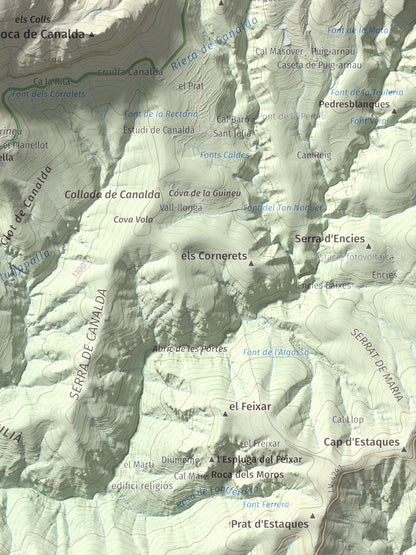 Mapa de relieve de Puig Sobirà, 1938 m, Solsonès, lámina 100 Cims de Trobart. Detalle de la zona inferior derecha. 30 × 40 cm.