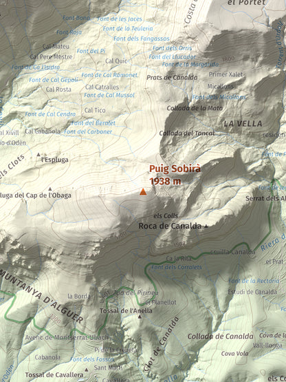 Mapa de relieve de Puig Sobirà, 1938 m, Solsonès, lámina 100 Cims de Trobart. Detalle de la zona central. 30 × 40 cm.