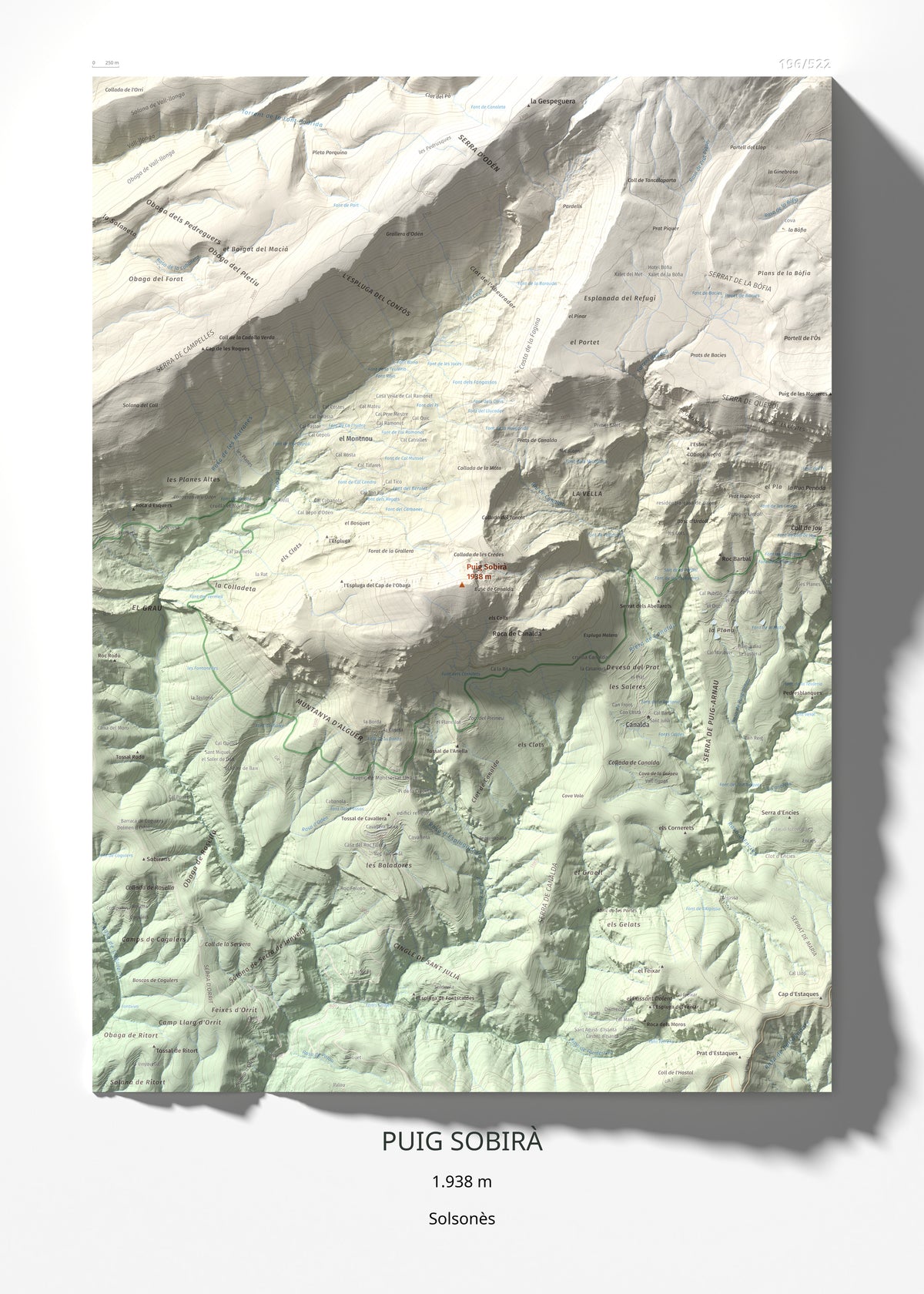 Mapa de relieve de Puig Sobirà, 1938 m, Solsonès, lámina 100 Cims de Trobart 50 × 70 cm.