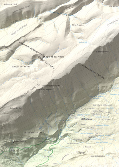 Mapa de relieve de Puig Sobirà, 1938 m, Solsonès, lámina 100 Cims de Trobart. Detalle de la zona superior izquierda. 50 × 70 cm.
