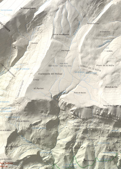 Mapa de relieve de Puig Sobirà, 1938 m, Solsonès, lámina 100 Cims de Trobart. Detalle de la zona superior derecha. 50 × 70 cm.