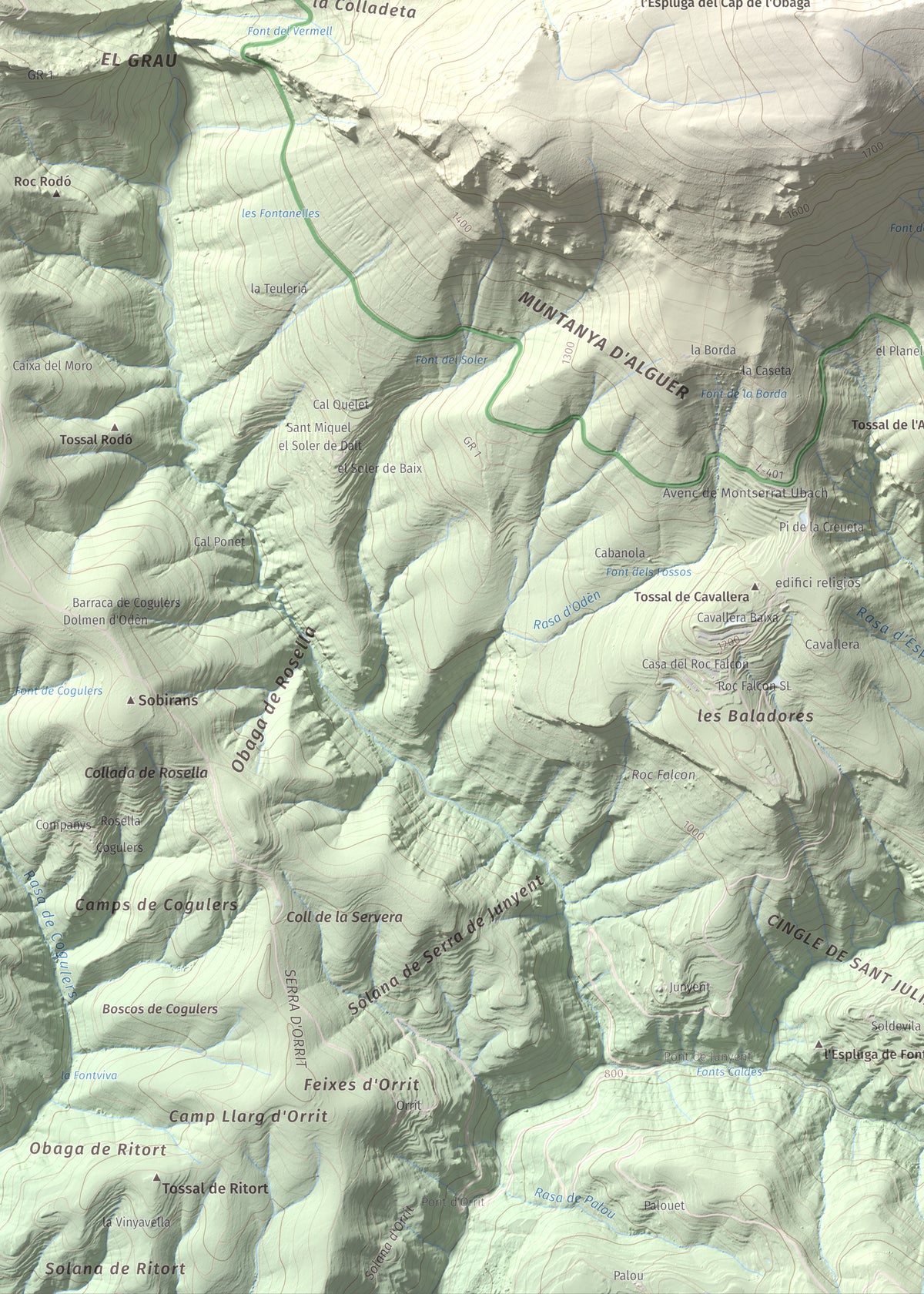 Mapa de relieve de Puig Sobirà, 1938 m, Solsonès, lámina 100 Cims de Trobart. Detalle de la zona inferior izquierda. 50 × 70 cm.