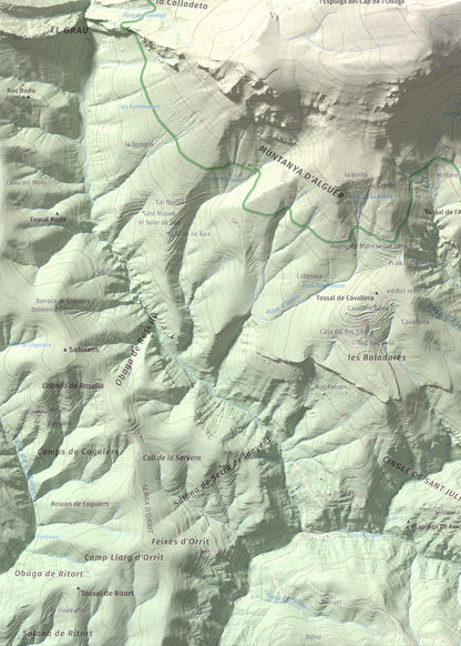 Mapa de relieve de Puig Sobirà, 1938 m, Solsonès, lámina 100 Cims de Trobart. Detalle de la zona inferior izquierda. 50 × 70 cm.
