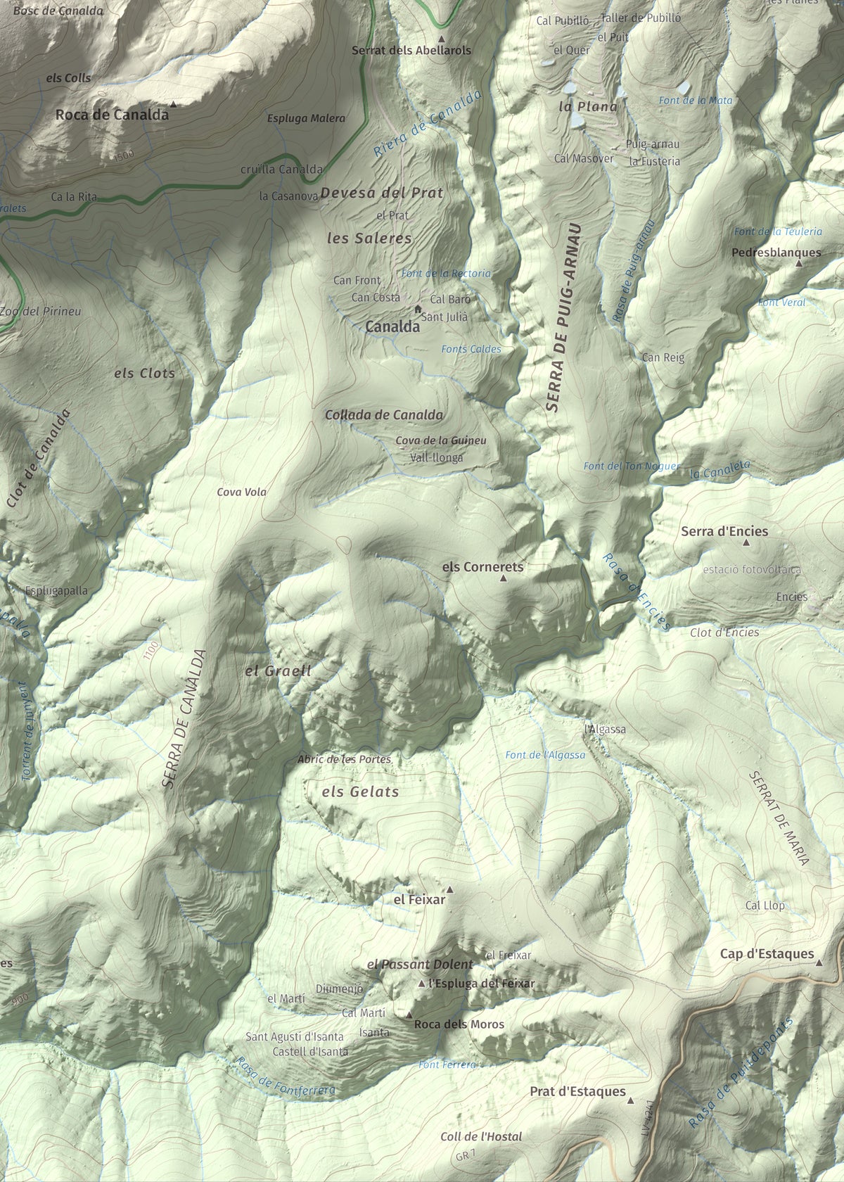 Mapa de relieve de Puig Sobirà, 1938 m, Solsonès, lámina 100 Cims de Trobart. Detalle de la zona inferior derecha. 50 × 70 cm.