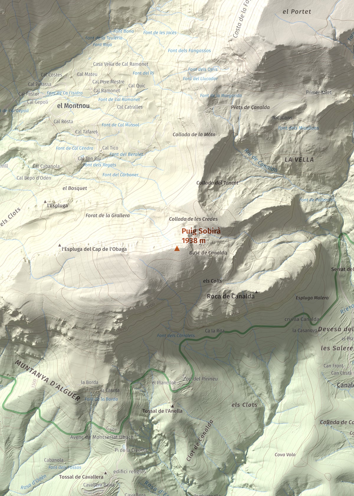Mapa de relieve de Puig Sobirà, 1938 m, Solsonès, lámina 100 Cims de Trobart. Detalle de la zona central. 50 × 70 cm.