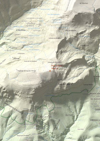 Mapa de relieve de Puig Sobirà, 1938 m, Solsonès, lámina 100 Cims de Trobart. Detalle de la zona central. 50 × 70 cm.