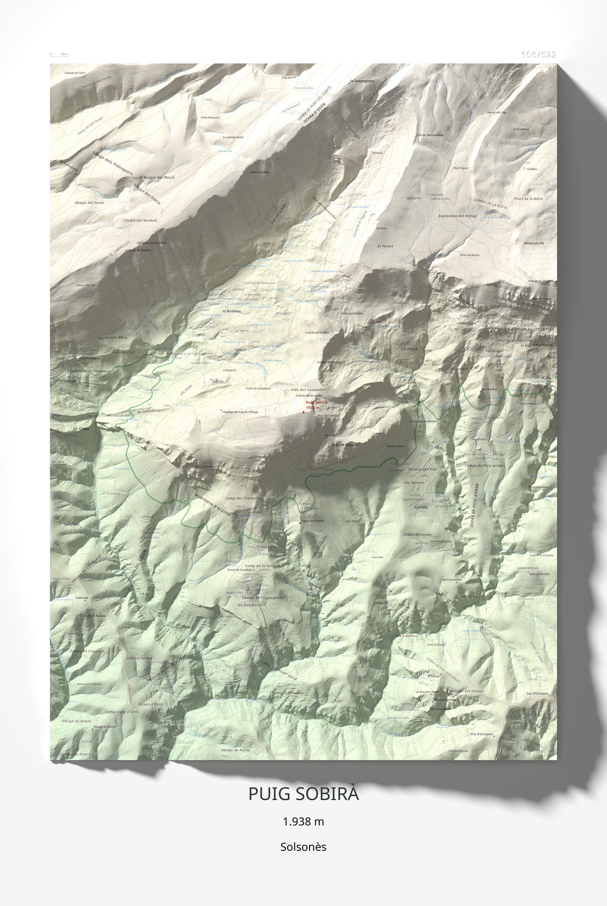 Mapa de relieve de Puig Sobirà, 1938 m, Solsonès, lámina 100 Cims de Trobart 61 × 91 cm.