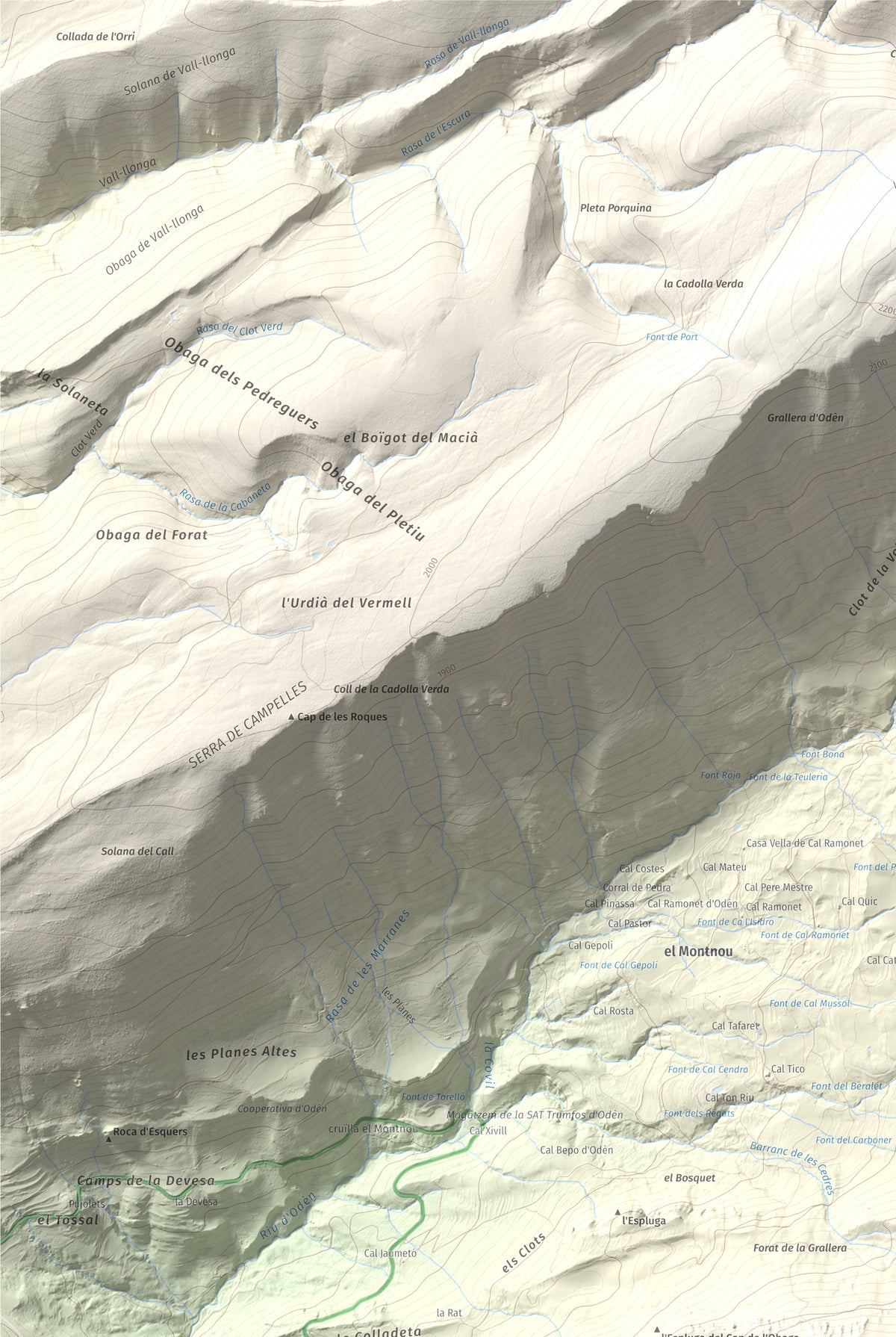 Mapa de relieve de Puig Sobirà, 1938 m, Solsonès, lámina 100 Cims de Trobart. Detalle de la zona superior izquierda. 61 × 91 cm.
