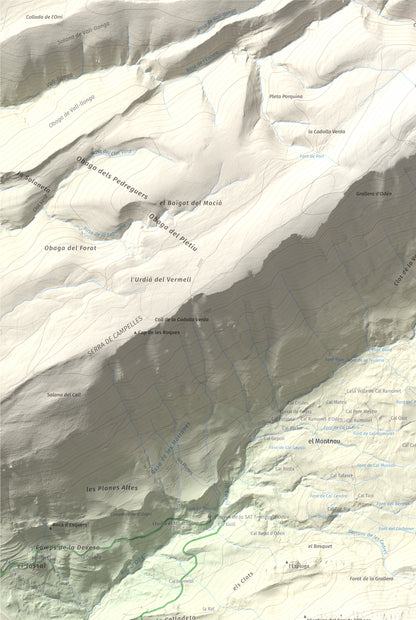 Mapa de relieve de Puig Sobirà, 1938 m, Solsonès, lámina 100 Cims de Trobart. Detalle de la zona superior izquierda. 61 × 91 cm.