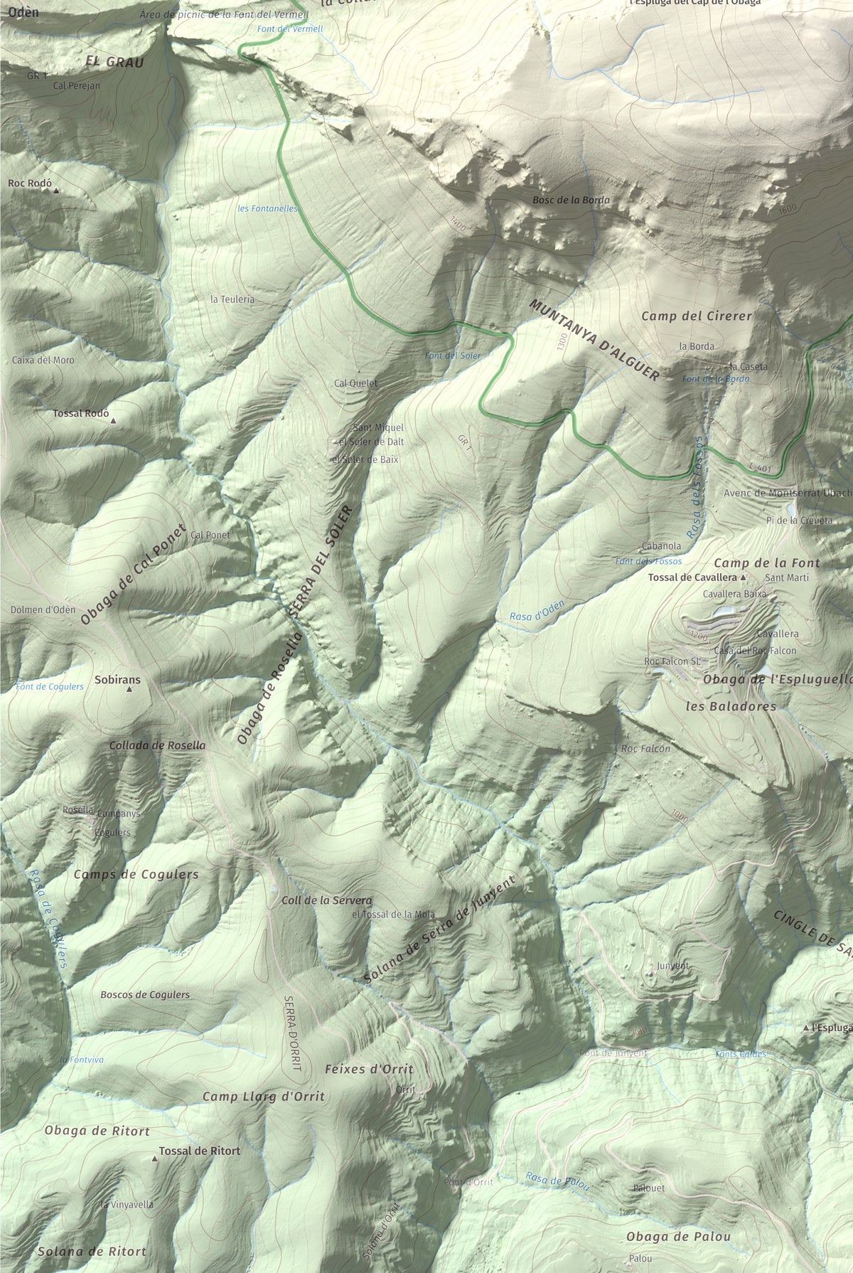 Mapa de relieve de Puig Sobirà, 1938 m, Solsonès, lámina 100 Cims de Trobart. Detalle de la zona inferior izquierda. 61 × 91 cm.