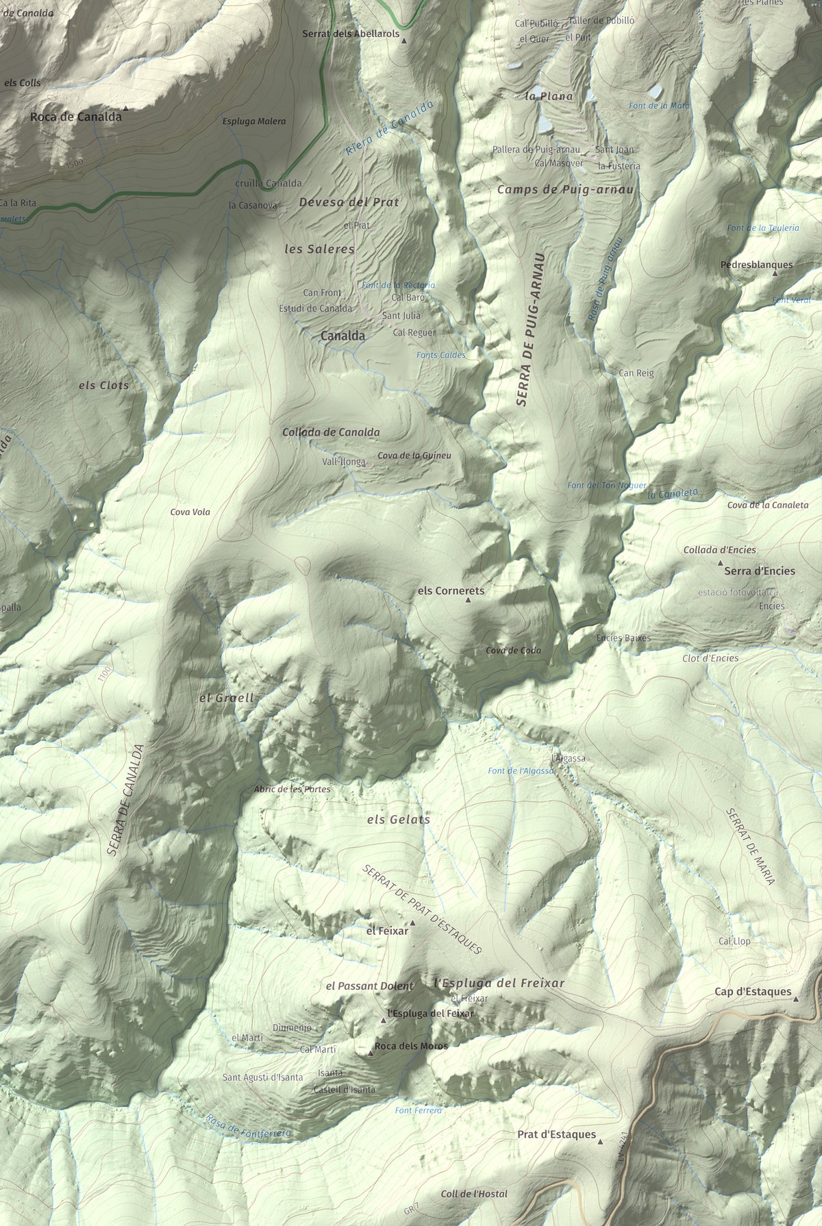 Mapa de relieve de Puig Sobirà, 1938 m, Solsonès, lámina 100 Cims de Trobart. Detalle de la zona inferior derecha. 61 × 91 cm.