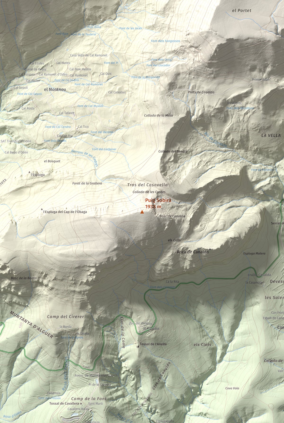 Mapa de relieve de Puig Sobirà, 1938 m, Solsonès, lámina 100 Cims de Trobart. Detalle de la zona central. 61 × 91 cm.