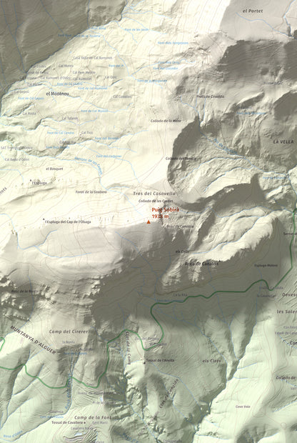 Mapa de relieve de Puig Sobirà, 1938 m, Solsonès, lámina 100 Cims de Trobart. Detalle de la zona central. 61 × 91 cm.