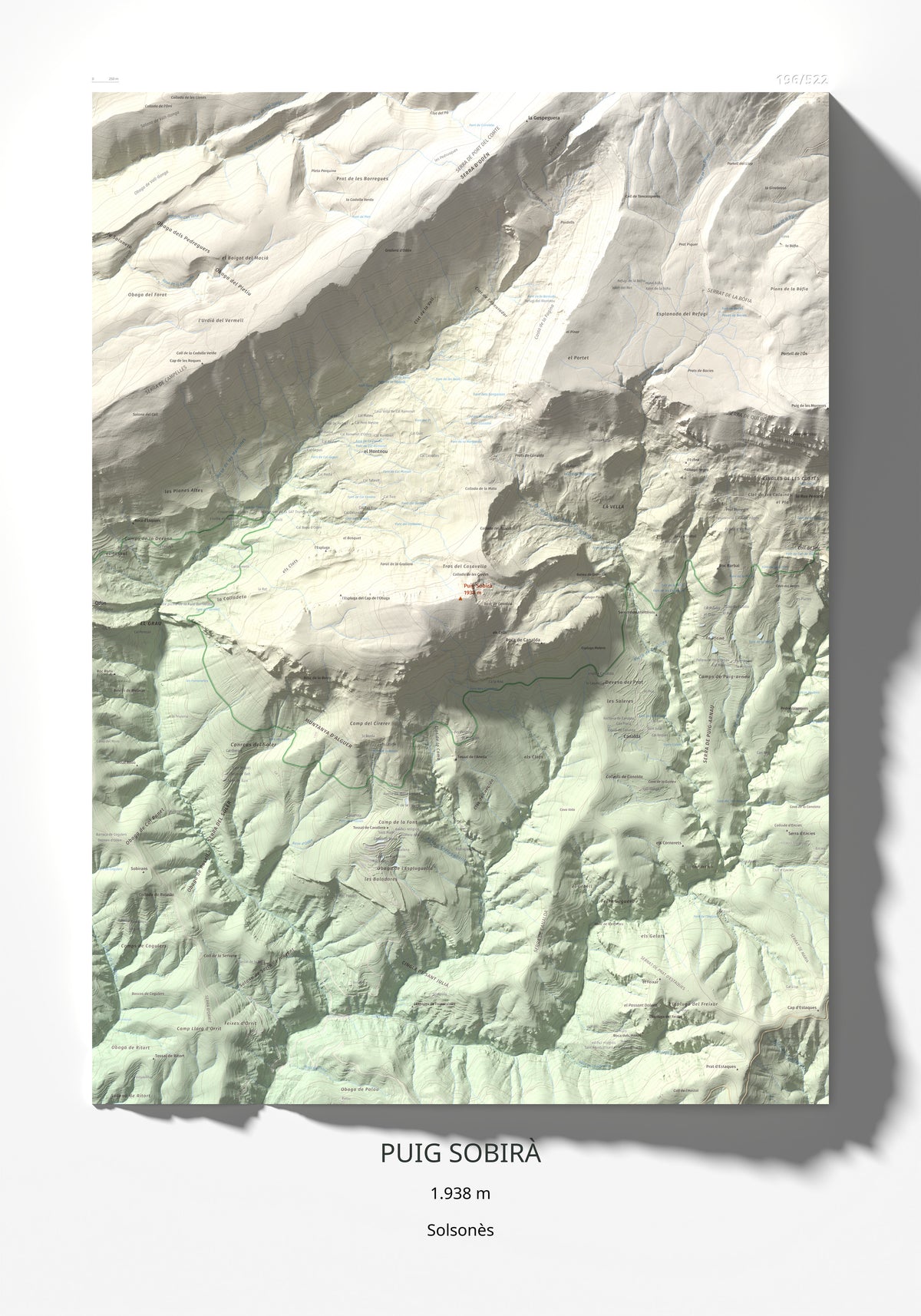 Mapa de relieve de Puig Sobirà, 1938 m, Solsonès, lámina 100 Cims de Trobart 70 × 100 cm.