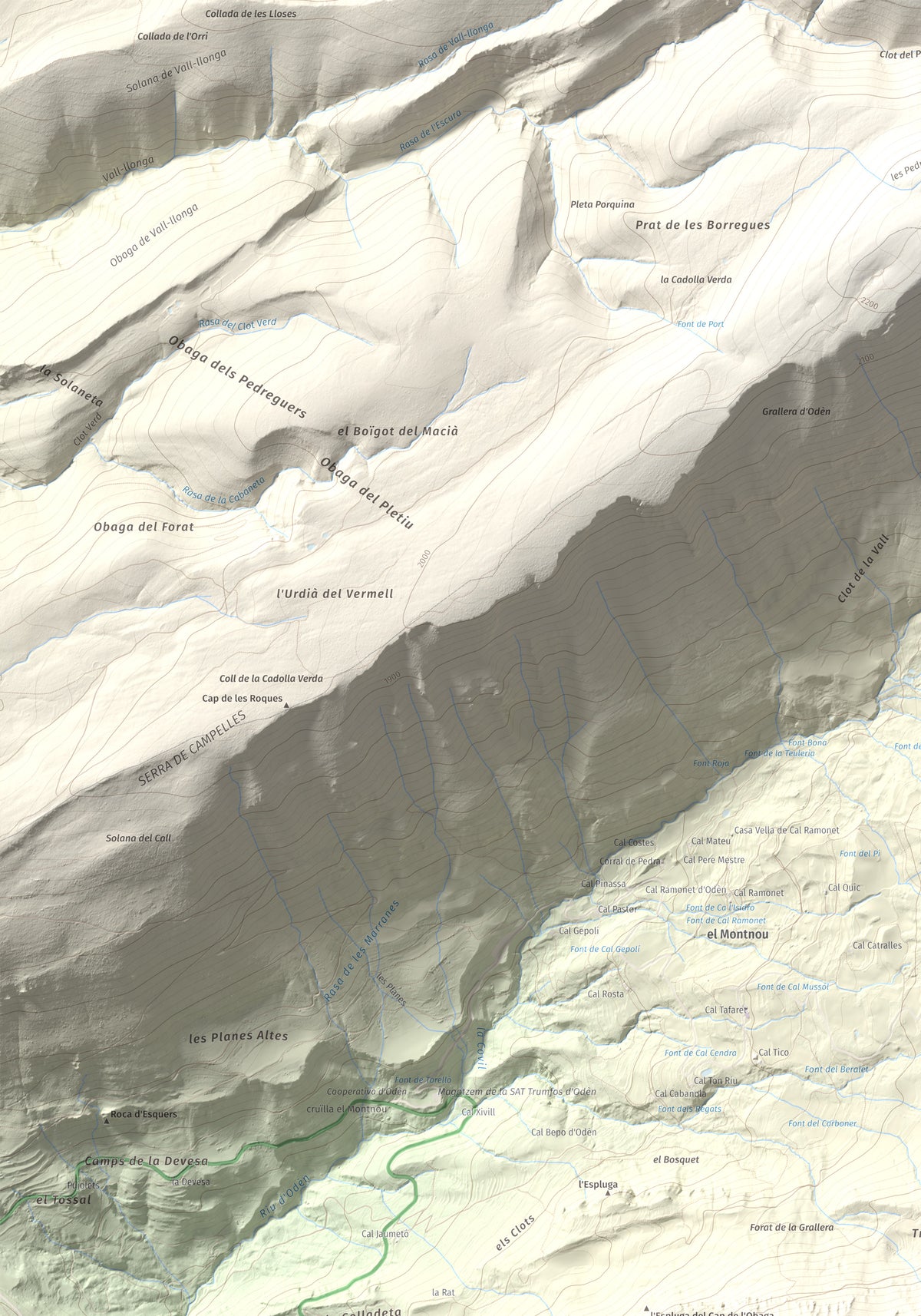 Mapa de relieve de Puig Sobirà, 1938 m, Solsonès, lámina 100 Cims de Trobart. Detalle de la zona superior izquierda. 70 × 100 cm.