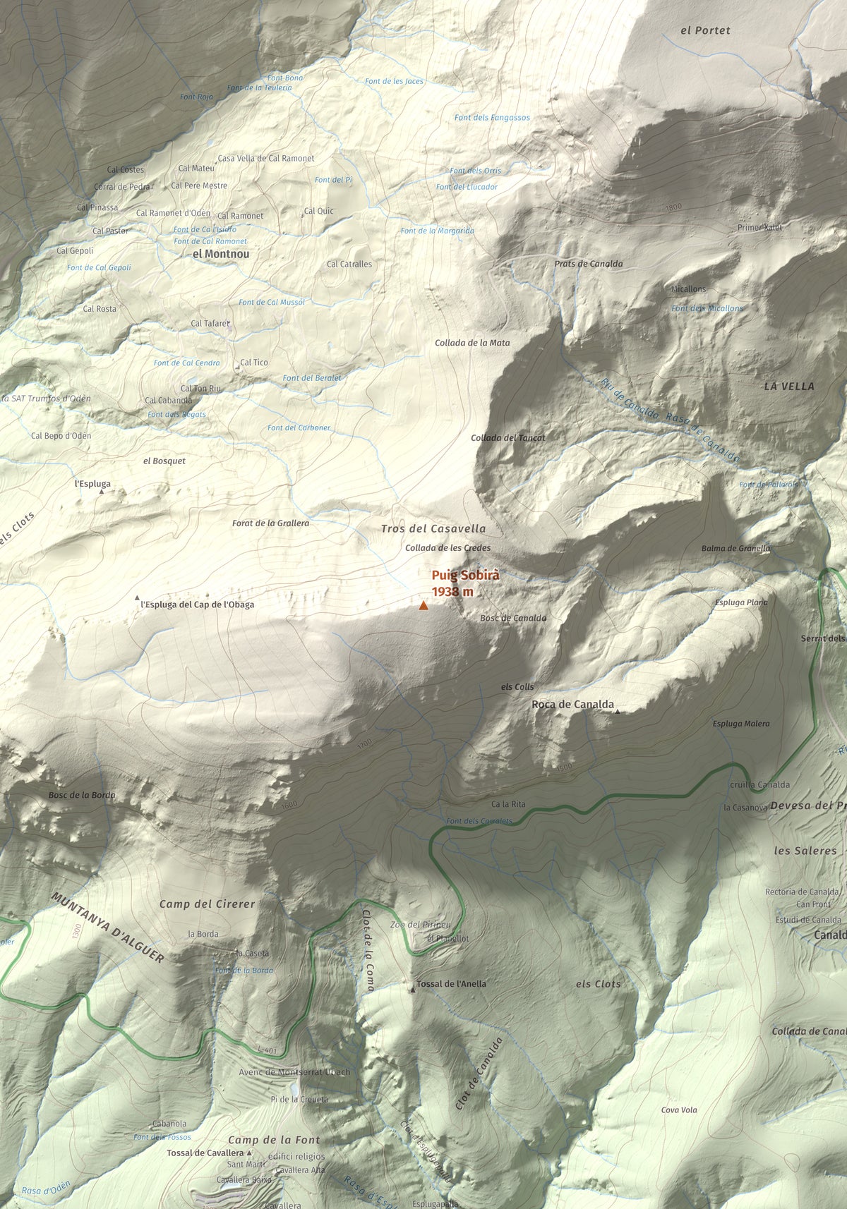 Mapa de relieve de Puig Sobirà, 1938 m, Solsonès, lámina 100 Cims de Trobart. Detalle de la zona central. 70 × 100 cm.