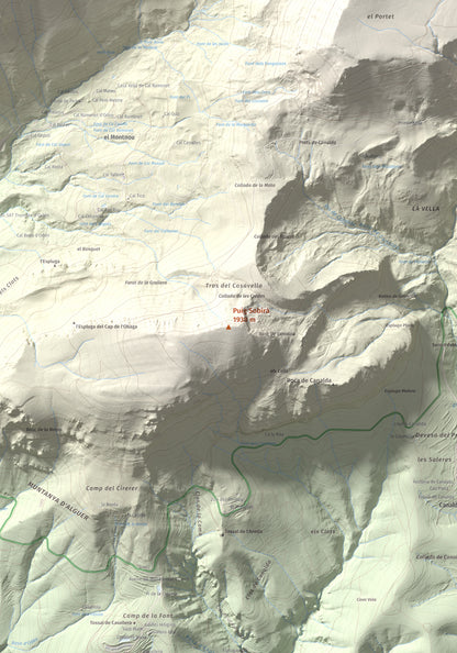 Mapa de relieve de Puig Sobirà, 1938 m, Solsonès, lámina 100 Cims de Trobart. Detalle de la zona central. 70 × 100 cm.